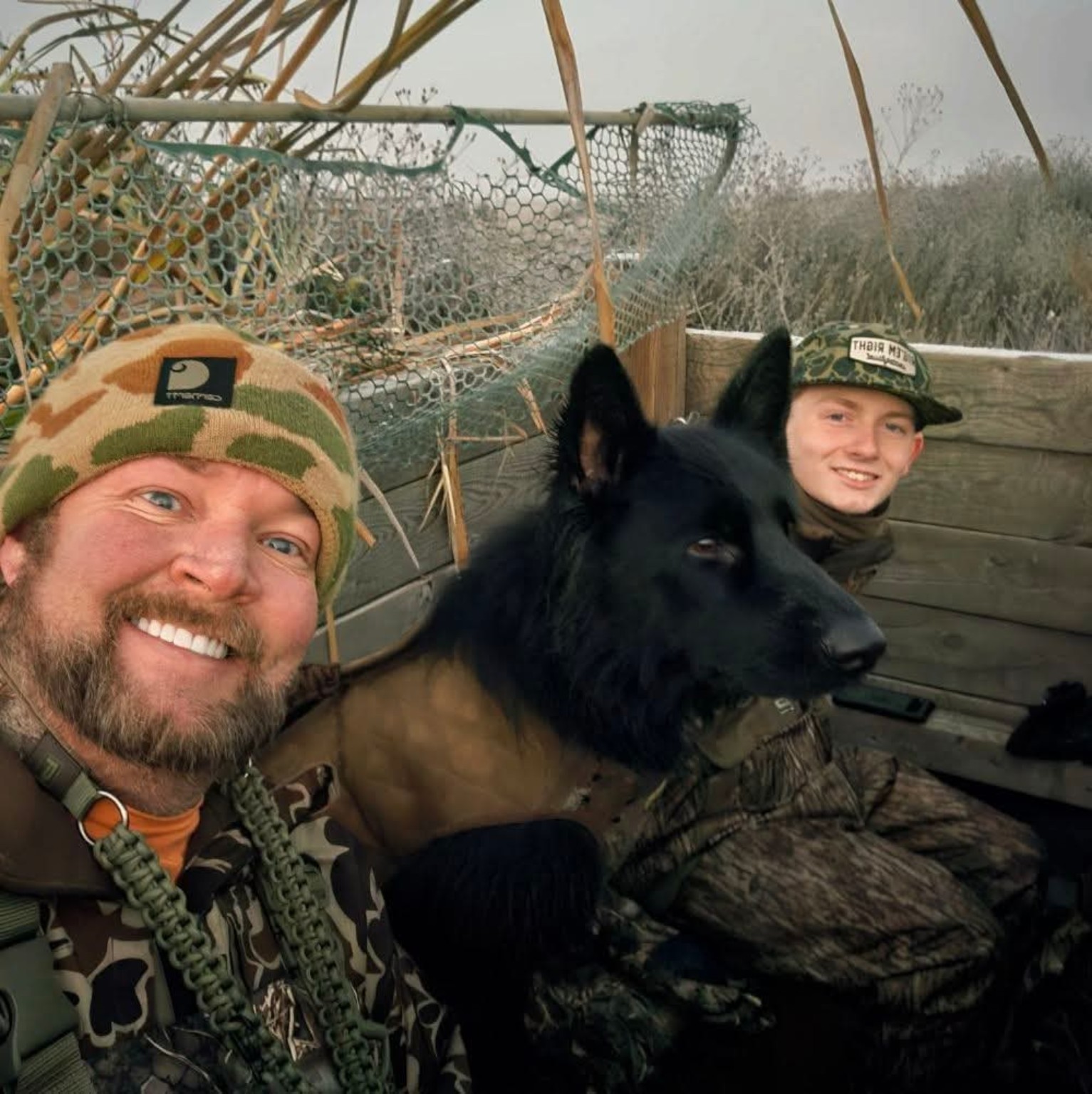 Hans, Noah and Stormie in a hunting blind